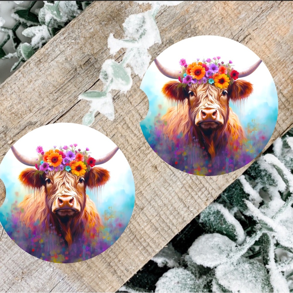 Handmade Highland Cow Car Coasters | New Set Of Two Highland Cow Car Coasters